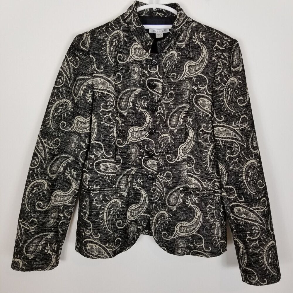 Marella By Max Mara Black‎ White Paisley Blazer Jacket Size US 12 Lined Jacquard